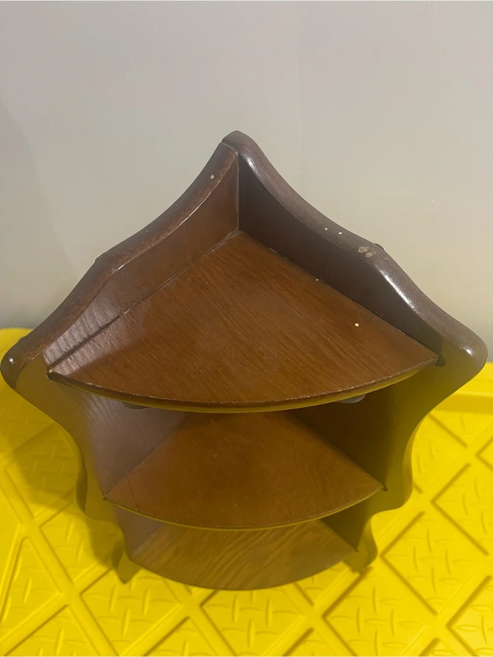 Vintage Wooden Corner Wall Shelf with Heart Cutouts - Brown